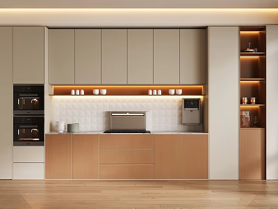 Modern Kitchen Sideboard Design With Storage Cabinets Lighting Coffee Machine And Ovens 3d model