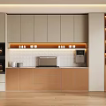 Modern Kitchen Sideboard Design With Storage Cabinets Lighting Coffee Machine And Ovens 3d model