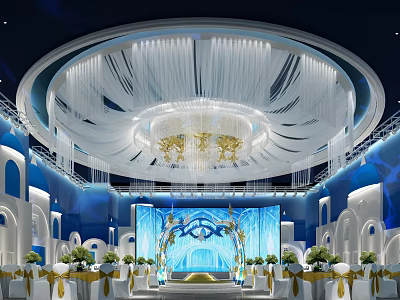 Luxurious Banquet Hall Interior With Blue White Decor Circular Gold Chandelier Stage And Floral Arrangements 3d model