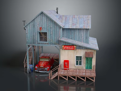Cartoon Scene with Blue Wooden House Staircase Red Vintage Truck Coca-Cola Sign and Wooden Platform 3d model