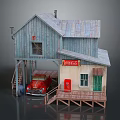 Cartoon Scene with Blue Wooden House Staircase Red Vintage Truck Coca-Cola Sign and Wooden Platform