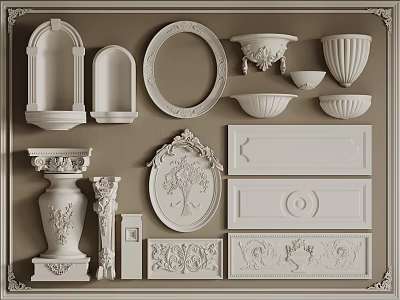White Ornate Decorative Components With Wall Niches Circular Rosettes Vases And Relief Panels 3d model
