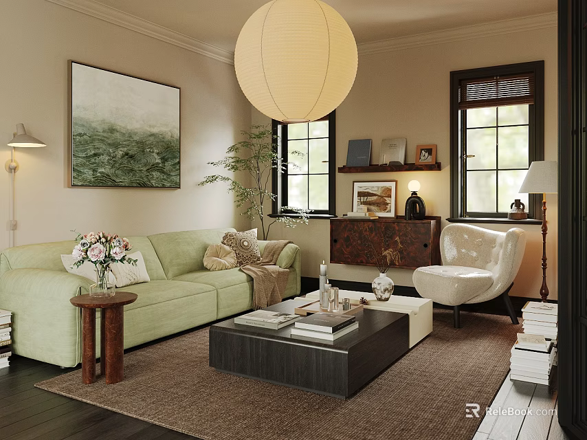 Light Green Sofa Living Room With Lantern Shaped Pendant Light Light Colored Armchair Wooden Window Frames And Painting 3d model 