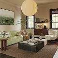 Light Green Sofa Living Room With Lantern Shaped Pendant Light Light Colored Armchair Wooden Window Frames And Painting