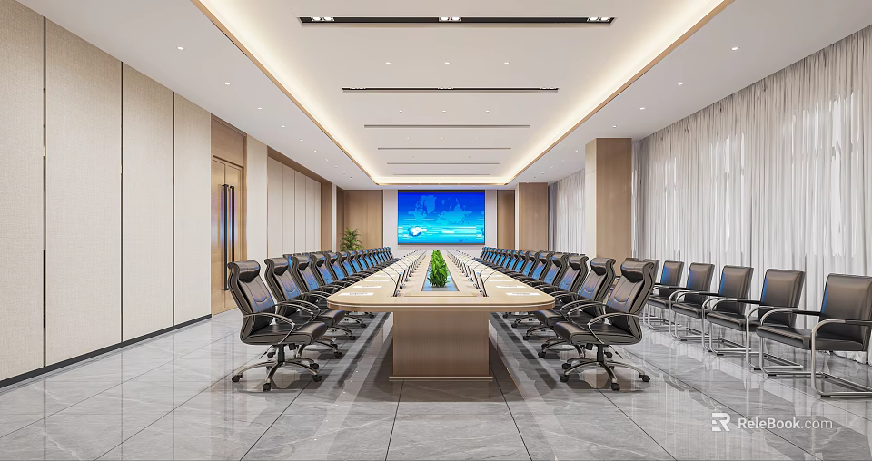Modern Conference Room Interior With Long Table Black Chairs Ceiling Lights And Large Screen 3d model