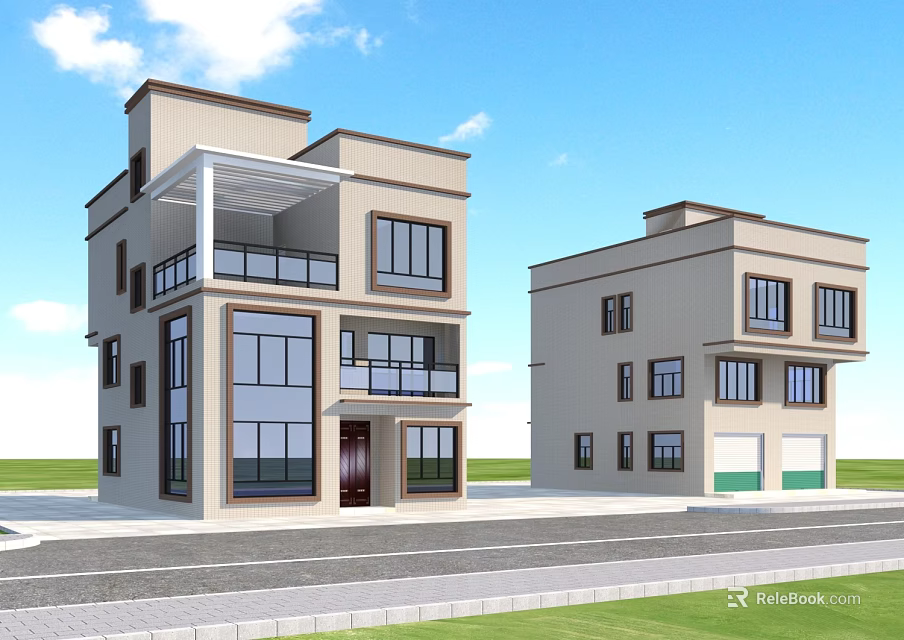 Modern Detached Villa Exterior With Glass Windows Balconies And Garage Under Blue Sky And Lawn 3d model 