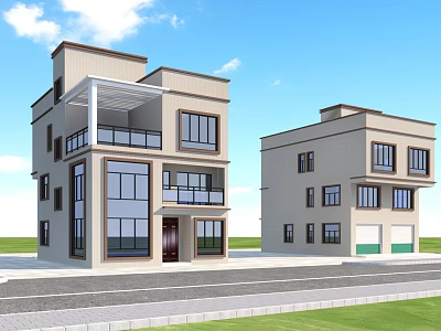 Modern Detached Villa Exterior With Glass Windows Balconies And Garage Under Blue Sky And Lawn 3d model