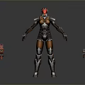 Game and Movie Character in Brown Black Armor with Red Helmet and Two Red Guns