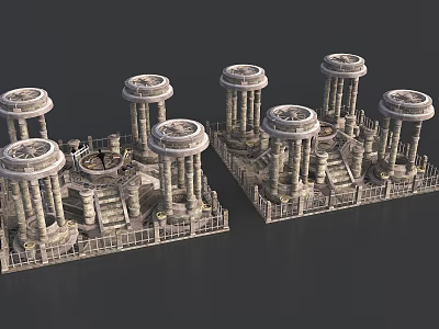 Cartoon Scene With Ancient Style Stone Pillars Circular Tops Railings And Steps Design 3d model