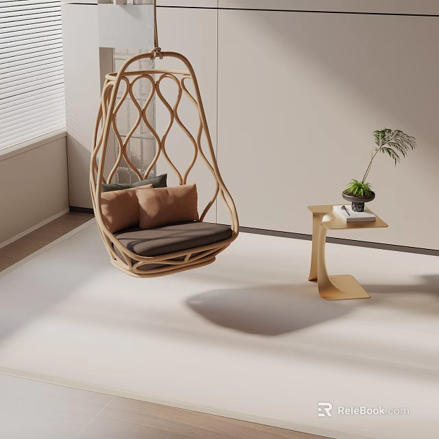 Modern Hanging Leisure Chair Woven Rattan with Brown Cushions Side Table and Potted Plant 3d model 