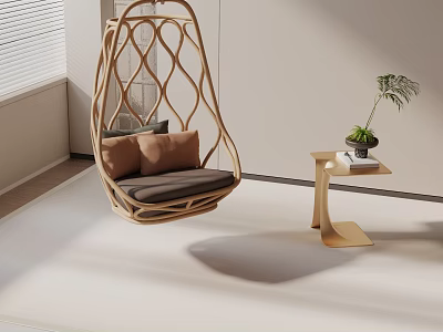 Modern Hanging Leisure Chair Woven Rattan with Brown Cushions Side Table and Potted Plant 3d model