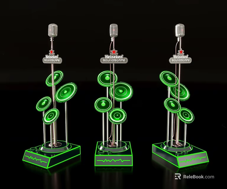 Window Display with Three Decorative Microphone Stands Green Glowing Circles and Base 3d model 