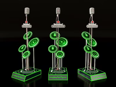 Window Display with Three Decorative Microphone Stands Green Glowing Circles and Base 3d model