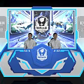 Modern Esports Reception Desk With Large Screen Game Displays And Two People