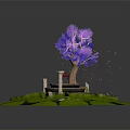 Small Garden Landscape Design With Circular Stone Platform Red Fountain And Purple Flowering Tree