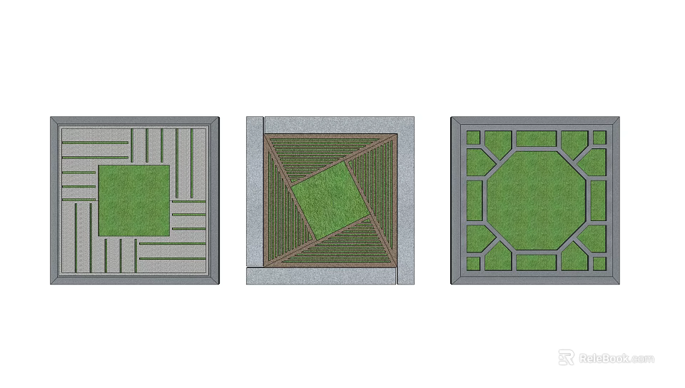 Different Tree Pit Designs Featuring Geometric Patterns And Green Planting Areas 3d model