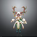Mythical Character Design With Deer Antler Bell Ornaments And Flowing White Green Outfit