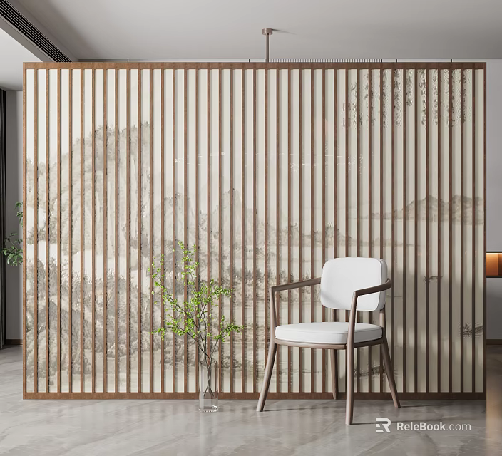 Modern Wooden Slat Screen With Landscape Painting Background And White Chair And Potted Plant 3d model 