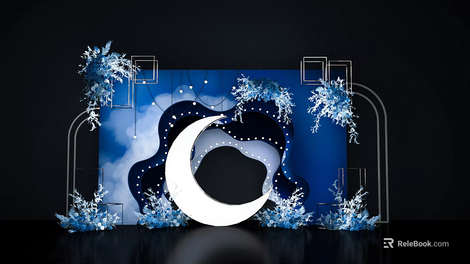 Decorative Design With Blue Background White Moon Shape And Blue Snowflake Decorations 3d model