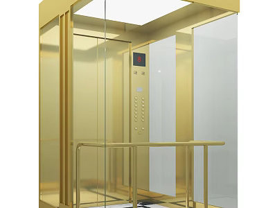 Luxury Elevator Interior With Golden Frame Glass Walls Control Panel And Handrail 3d model