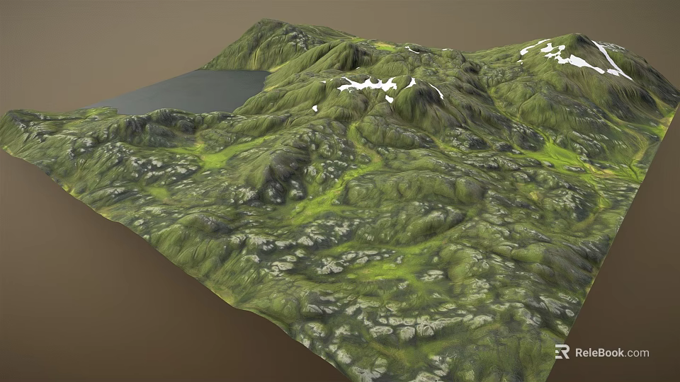 Mountainous Garden Landscape With Rolling Hills Green Vegetation Lake And Rocky Terrain 3d model 