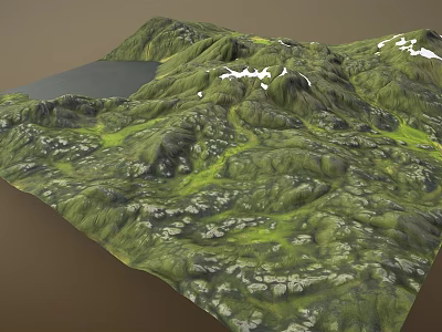 Mountainous Garden Landscape With Rolling Hills Green Vegetation Lake And Rocky Terrain 3d model