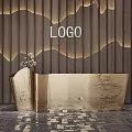 Modern Golden Reception Desk With Wooden Wall Wave Shaped Lighting And Logo