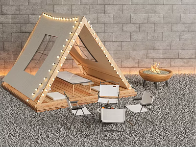 Cozy Triangle Tent with String Lights Tables Chairs and Fire Pit on Gravel Ground 3d model