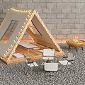 Cozy Triangle Tent with String Lights Tables Chairs and Fire Pit on Gravel Ground