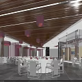 Modern Restaurant Interior With Wooden Ceiling Red Pendant Lights And White Dining Tables