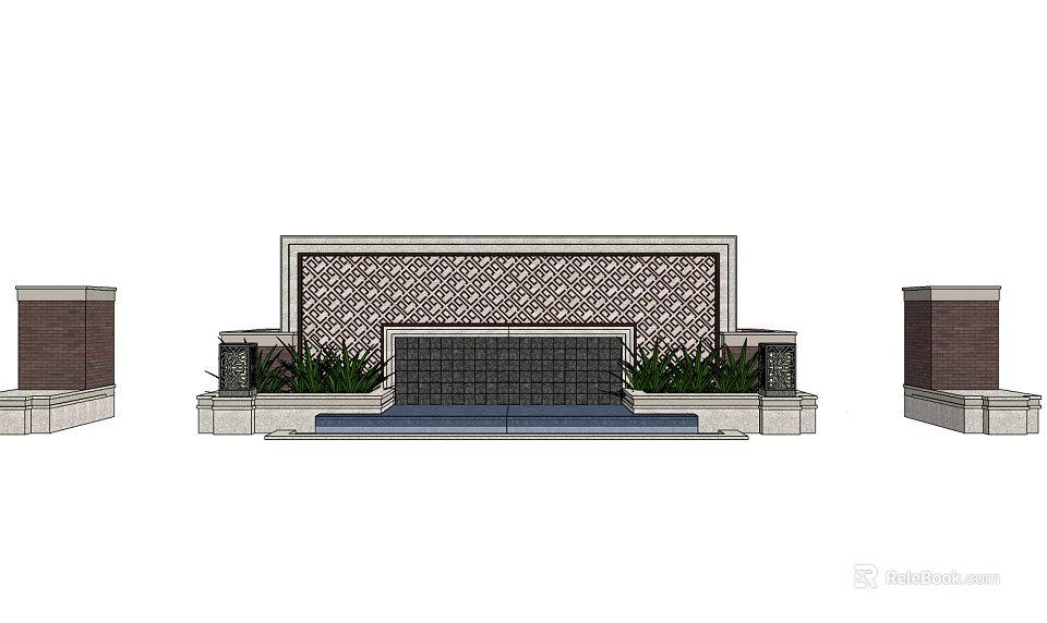 Decorative Feature Wall Design With Patterned Surface Central Entrance And Flanking Plants 3d model