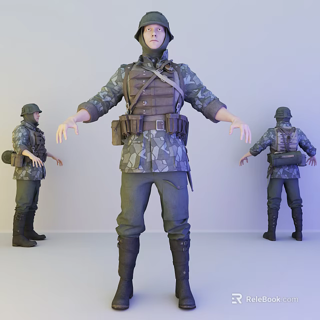 Man In Military Uniform With Tactical Vest Cap And Combat Boots Front Side Back Views 3d model 