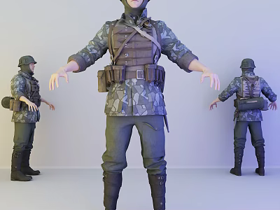 Man In Military Uniform With Tactical Vest Cap And Combat Boots Front Side Back Views 3d model