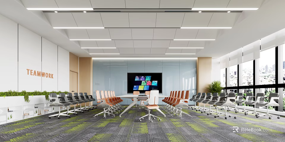 Modern Conference Room Interior With Large Display Screen And Ergonomic Chairs 3d model