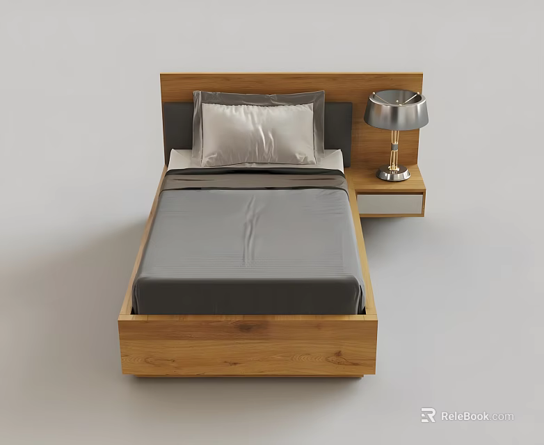 Modern Double Bed with Wooden Headboard Gray Mattress and Nightstand Table Lamp 3d model 