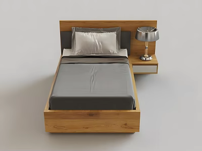 Modern Double Bed with Wooden Headboard Gray Mattress and Nightstand Table Lamp 3d model