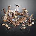 Natural Animal Habitat Scene With Stone Structures And Wooden Decorative Elements