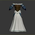 Vintage Style Women's Dress With Brown Bodice Blue Sleeves White Skirt and Decorative Stitched Details