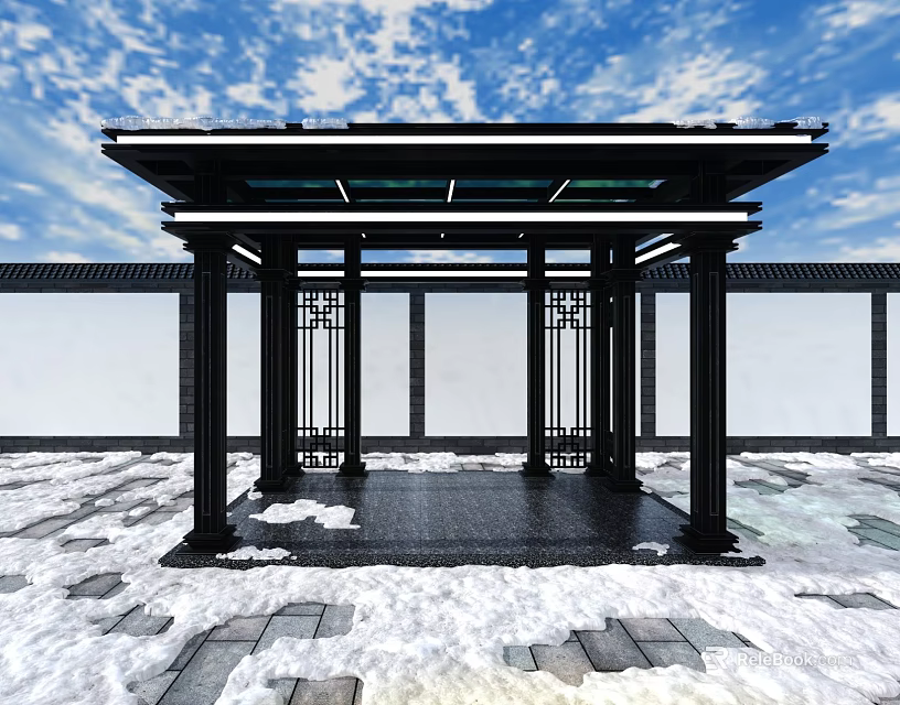 Modern Black Framed Pavilion Structure With Glass Roof Snowy Stone Floor And Blue Sky 3d model 