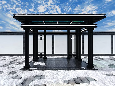Modern Black Framed Pavilion Structure With Glass Roof Snowy Stone Floor And Blue Sky 3d model
