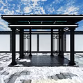 Modern Black Framed Pavilion Structure With Glass Roof Snowy Stone Floor And Blue Sky