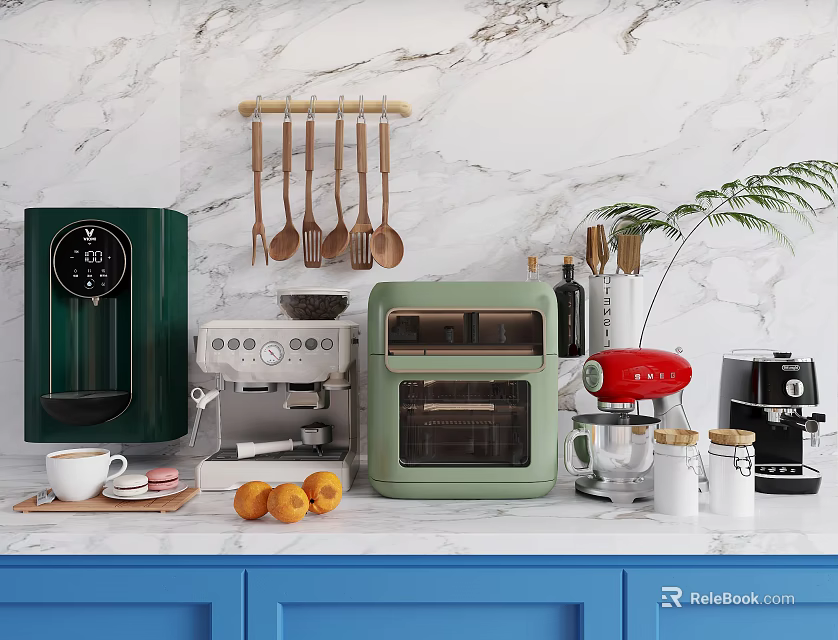 Modern Kitchenware Collection With Coffee Maker Toaster Oven And Marble Countertop 3d model 