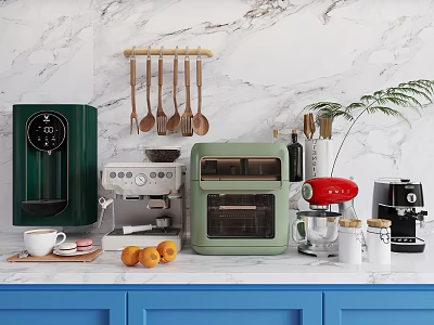 Modern Kitchenware Collection With Coffee Maker Toaster Oven And Marble Countertop 3d model