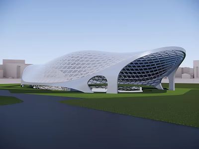 Streamlined Modern Architectural Design With White Grid Exterior Grassland Surroundings And Urban Backdrop 3d model