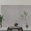 Minimalist Interior Display Black Teapot With Wooden Tray Stone Slab And Golden Buddha Statue