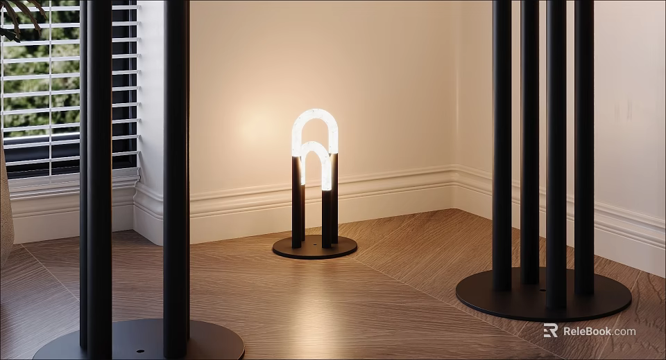 Modern Interior Floor Lamp With Curved White Light And Black Base On Wooden Floor 3d model 