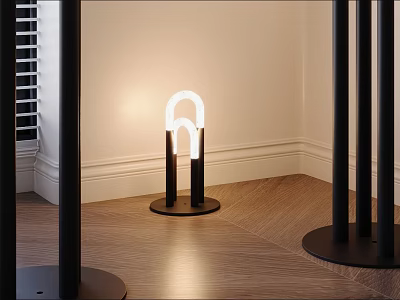 Modern Interior Floor Lamp With Curved White Light And Black Base On Wooden Floor 3d model