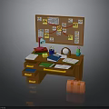 Brown Home Office Desk With Bulletin Board Notes Lamp Drawers And Orange Box
