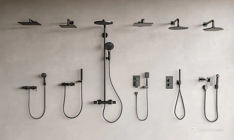 Modern Shower Systems With Various Designs And Wall Mounted Installation On Beige Wall 3d model