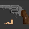 Silver Metal Revolver With Brown Wooden Grip And Bullets On Dark Background